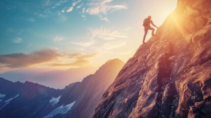A man climbing up a mountain, symbolizing concepts of motivation and inspiration - obrazy, fototapety, plakaty