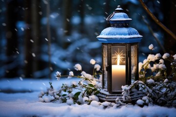 winter scene with a candle on snow