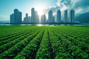 Urban Farming Concept with Green Crop Field and Skyscrapers, Lush green crop field stretches towards modern skyscrapers under a clear sky, showcasing urban agriculture