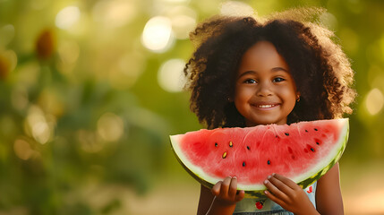 Happy child holding a slice of watermelon outdoors.