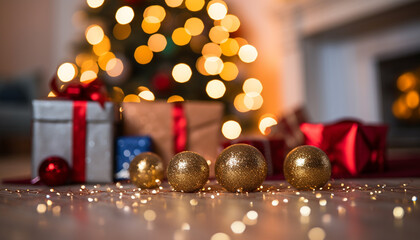Fototapeta na wymiar Shiny gift glowing, Christmas lights illuminate vibrant, ornamented tree generated by AI