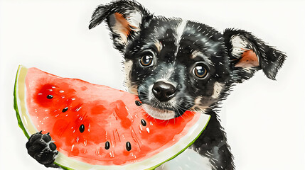 Cartoon puppy enjoying watermelon, adorable and whimsical.
