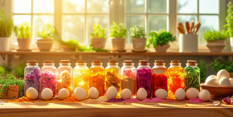 Colorful Egg Dyes and Eggs on Wooden Table. Preparations for Easter