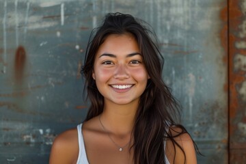 Fototapeta premium A joyful lady with a bright smile and flowing hair stands confidently against a wall, exuding fashion and femininity in this outdoor portrait photo shoot