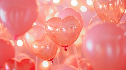 A Bunch Of Pink Heart Shaped Balloons Floating In The Air peach fuzz color 2024 - obrazy, fototapety, plakaty