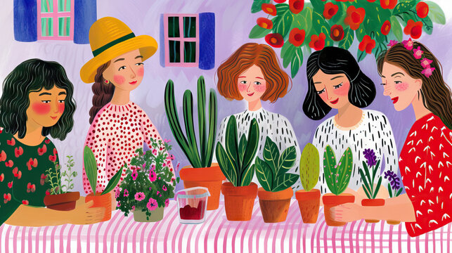 Gardening Club Meeting: Diverse Members of a Gardening Club Meeting to Share Tips and Swap Plants. Hand Drawn Gouache Illustration.