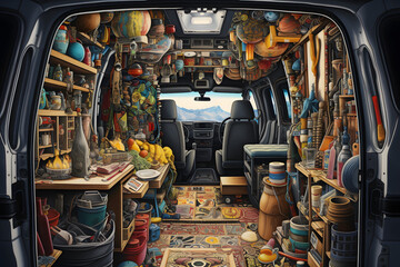 Inside of a cool camper van, camper interior, interior of a camper van, beautiful van