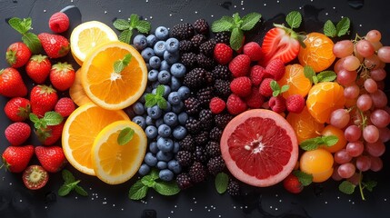 "Composition colorée de fruits frais sur fond sombre"