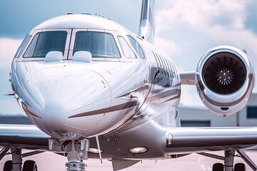 Business jet outside, close up.