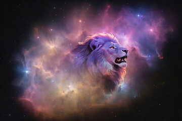 A awe-inspiring illustration featuring the Leo constellation, depicted as a regal lion, set against the backdrop of the Milky Way galaxy.