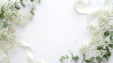 Naklejka na ściany i meble Feminine wedding desktop mockup with baby's breath Gypsophila flowers, dry green eucalyptus leaves, satin ribbon and white background. Empty space. Top view. Picture for blog 