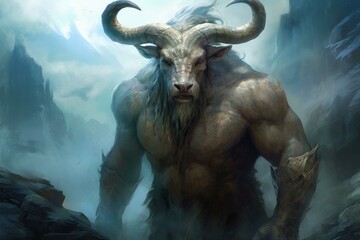 Fototapeta na wymiar Ferocious Minotaur myth with man warrior illustration. Evil beast creature near rock cave. Generate Ai