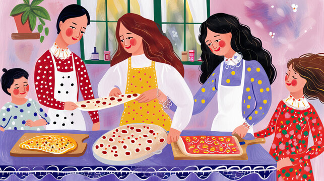 Homemade Pizza Party: Family Making Pizza Together, with Dough, Toppings, and Pizza Pans. Hand Drawn Gouache Illustration.