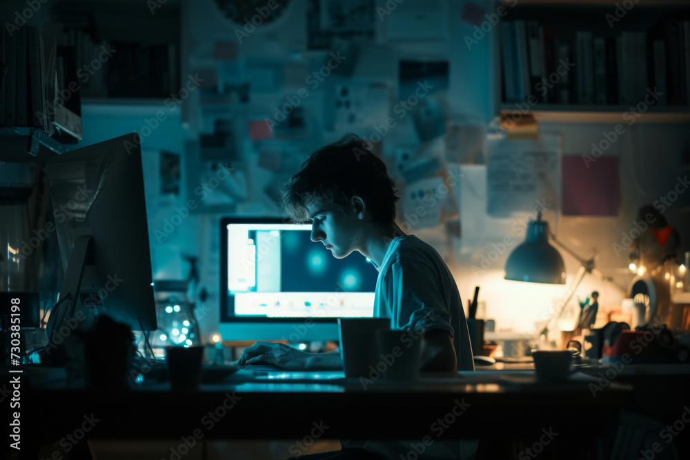 Aufkleber a man engrossed in the digital world, surrounded by electronics and music, sits at his desk in front