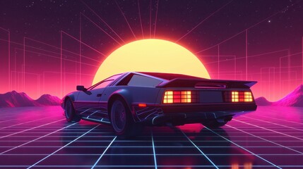 Retro future: A 1980s-style sci-fi background featuring a supercar. This vector illustration captures the essence of retro futuristic synth in the style of 1980s posters - obrazy, fototapety, plakaty