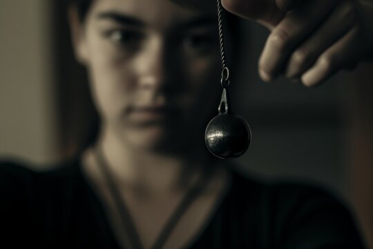 A fashionable person gazing into the depths of their soul through the hypnotizing swing of a pendulum necklace