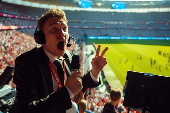 A football commentator in the stadium.