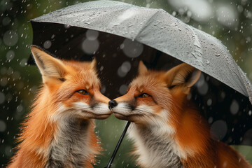 Two foxes sitting outside under a black umbrella, it's raining. Umbrella day. 