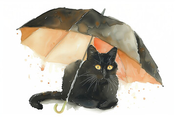A painted black cat sitting under a black umbrella, it's raining. Umbrella day. Watercolor drawing, white background