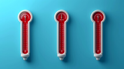 A set of 3D vector icons depicting thermometers, displayed on a blue background - obrazy, fototapety, plakaty