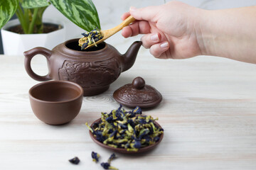 A woman's hand pours tea leaves from the butterfly pea flower (anchan tea) into a teapot on a light background