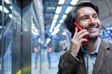 View of young man using a smartphone inside a subway - metro station