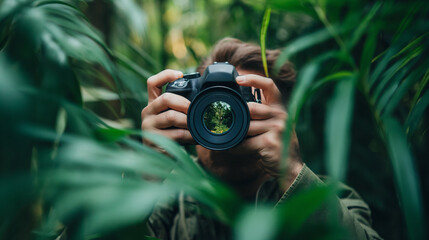 Fototapeta premium Man takes photo of green nature in the forest generate ai