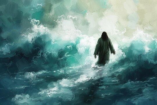Jesus Christ walks on water, painting.