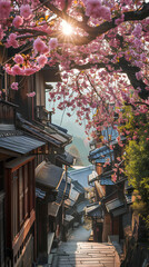 Japanese houses with pink flowers and an uncluttered landscape, with sun and shadows. Asian style.