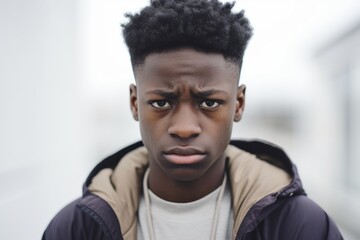 A portrait of a young African-American Guy with an afro hairstyle and serious expression, wearing a black jacket on White Background outdoors