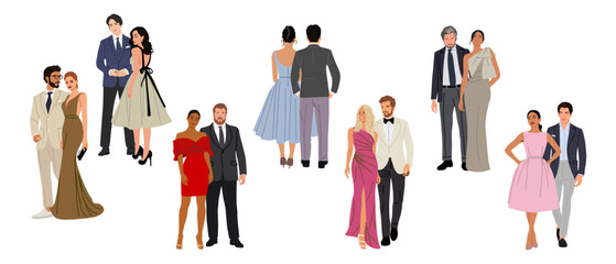 Diverse of multiracial and multinational couples wearing evening formal outfits for celebration, wedding, event, party. Happy men and women in gorgeous clothes vector realistic illustration isolated. - obrazy, fototapety, plakaty