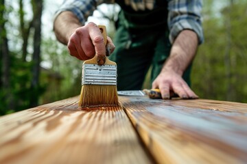 Man painting timber plank in garden.