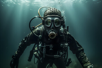 Diver underwater, portrait of a diver underwater
