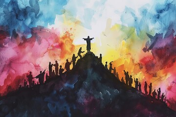 Jesus standing on top of a mountain and preaching to the crowd. Watercolor painting.