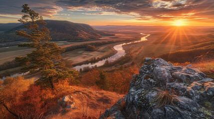 Radiant Retreat: Sun Kissed Peaks and River