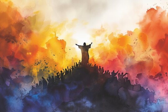 Jesus standing on top of a mountain and preaching to the crowd. Watercolor painting.