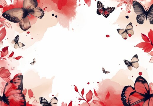 red frame with butterflies on white Generative AI