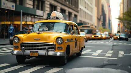 A vintage yellow taxi cruising through the streets, representing the classic Yellow Cab of yesteryears