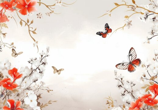 red and white flowers with butterflies framed with gold leaves and flowers Generative AI