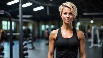 Fototapeta premium Focused Female Athlete in Black Gym Wear at Fitness Center 