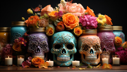 Spooky Halloween table decoration  candle, skull, pumpkin, flowers, colors generated by AI