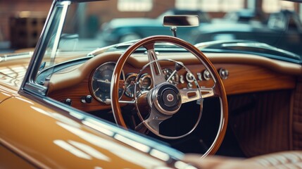 Wooden and steel steering wheel in luxury retro cabriolet car with beige leather interior parked in garage