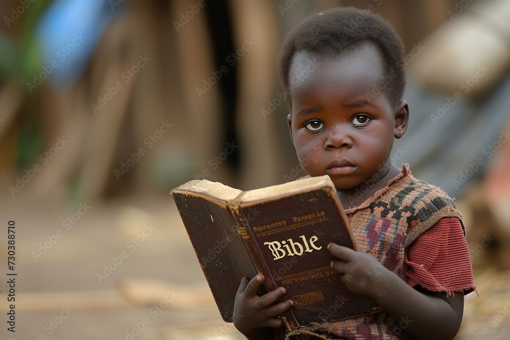 Wall mural poor young african kid with bible. - Wall murals