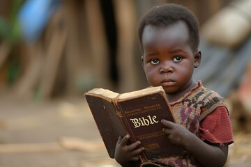 Poor young african kid with Bible.