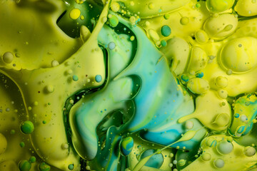 A refreshing blend of lime green and turquoise ink swirls with effervescent bubbles creating a lively and organic abstract pattern