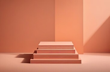 Pastel colored empty podium or pedestal for product presentation. Product display mockup. Demonstrating color of the year 2024 - Peach Fuzz.