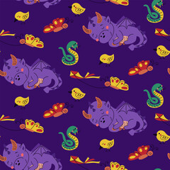 Cute sleeping hand drawn dragon seamless pattern