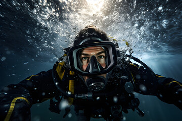 Diver underwater, portrait of a diver underwater