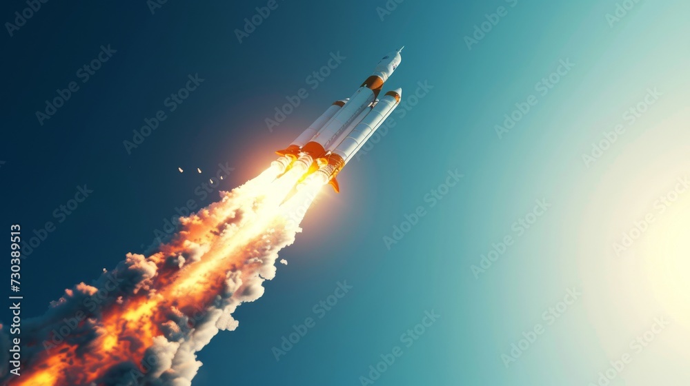 Poster a blazing rocket pierces through the boundless sky, its fiery propulsion propelling it towards the s