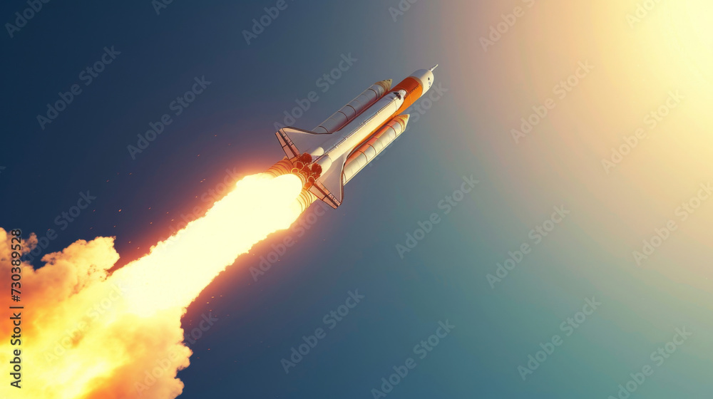 Poster A powerful spacecraft breaks through the sky, propelled by rocket-like force and leaving a trail of smoke as it embarks on a thrilling flight towards the unknown wonders of outer space